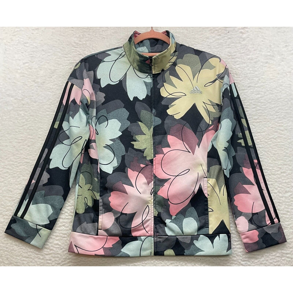 Adidas Tricot Jacket Girls Large 14 Multicolor Floral Athleisure Gym Full Zip
